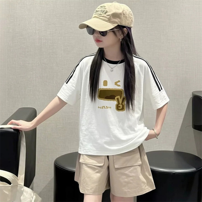 女童中大童卡通猫咪三条杠短袖夏
