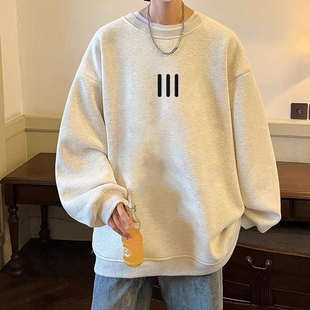 中大童港风圆领白灰色卫衣男童2025春秋季潮牌儿童宽松长袖上衣服