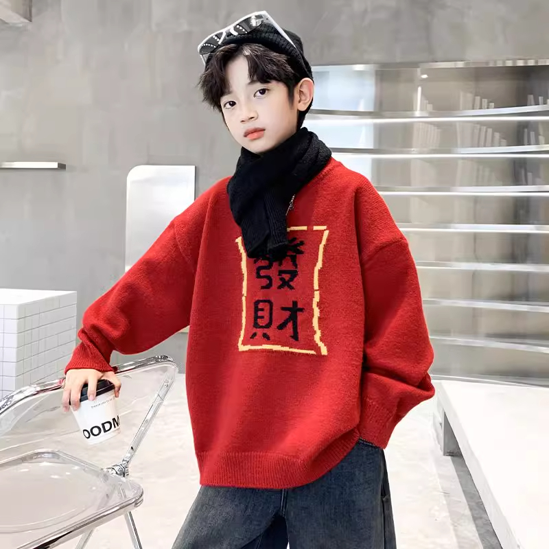 中大童红色针织圆领毛衣男女童秋