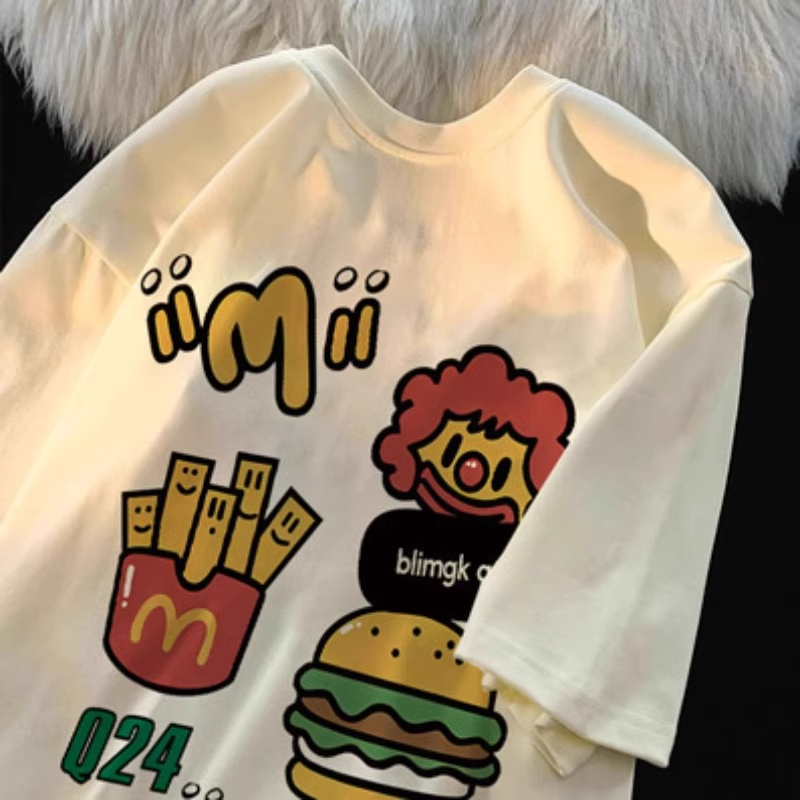 儿童薯条汉堡印花短袖t恤男女童夏季洋气中大童纯棉宽松休闲上衣