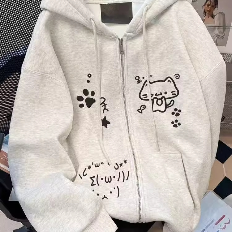 儿童白灰色卡通开衫连帽卫衣童装