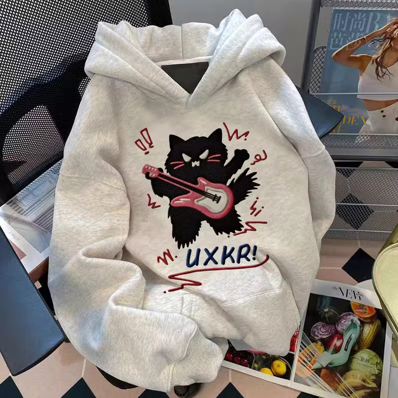 中大童韩版卡通猫咪连帽卫衣男女童秋冬加绒加厚儿童宽松帽衫外套