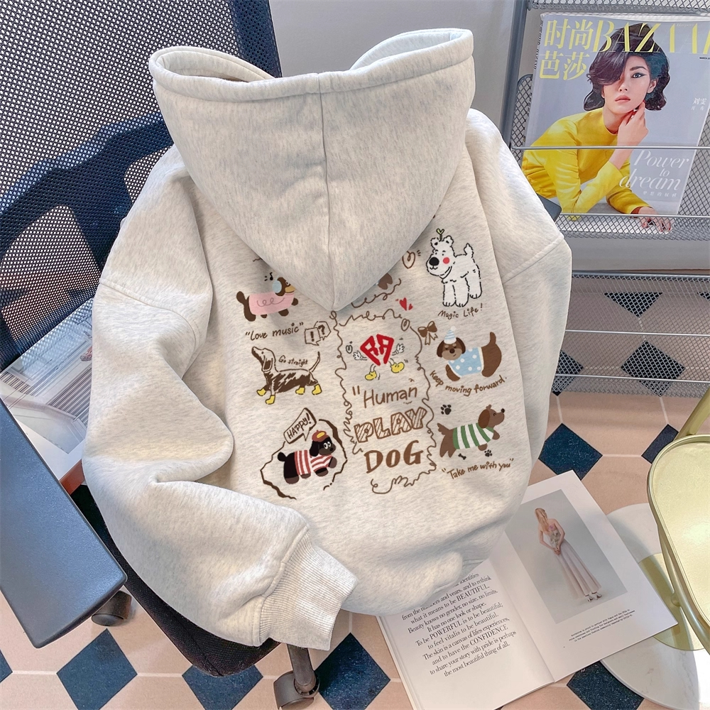 中大童腊肠狗卡通印花连帽卫衣男女童秋冬加绒加厚儿童外套上衣服