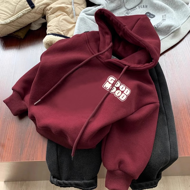 中大童酒红色连帽卫衣男女童秋冬