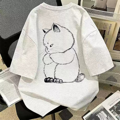 儿童装萌趣创意猫咪印花短袖纯棉