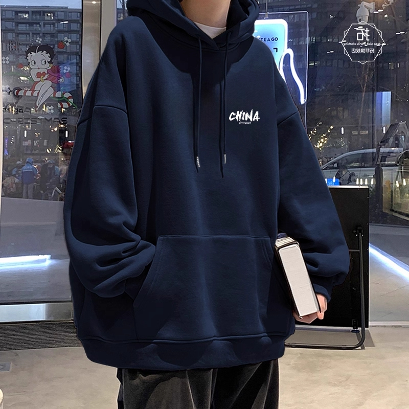 儿童藏青色连帽卫衣男童秋冬加绒