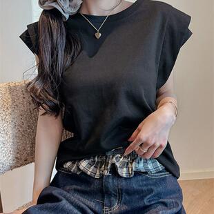 黑色圆领设计感T恤女宽松慵懒风休闲简约显肩宽无袖 严选夏季 上衣