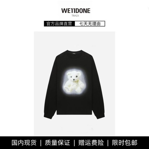【现货】WE11DONE TRACK小众潮牌泰迪熊圆领长袖白墨直喷印花T恤