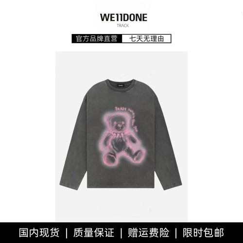 【现货】WE11DONE TRACK线条泰迪熊洗水印花潮男女情侣款长袖T恤