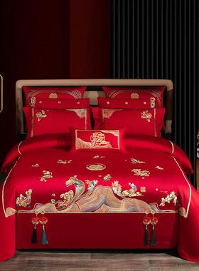 w1tr140s贡缎婚庆四件套结婚大红色套件新婚床单被套婚礼床上