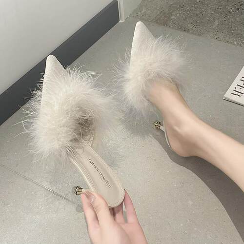 Gentle Half Slippers High Heels Hairy Cool Women's Fashion