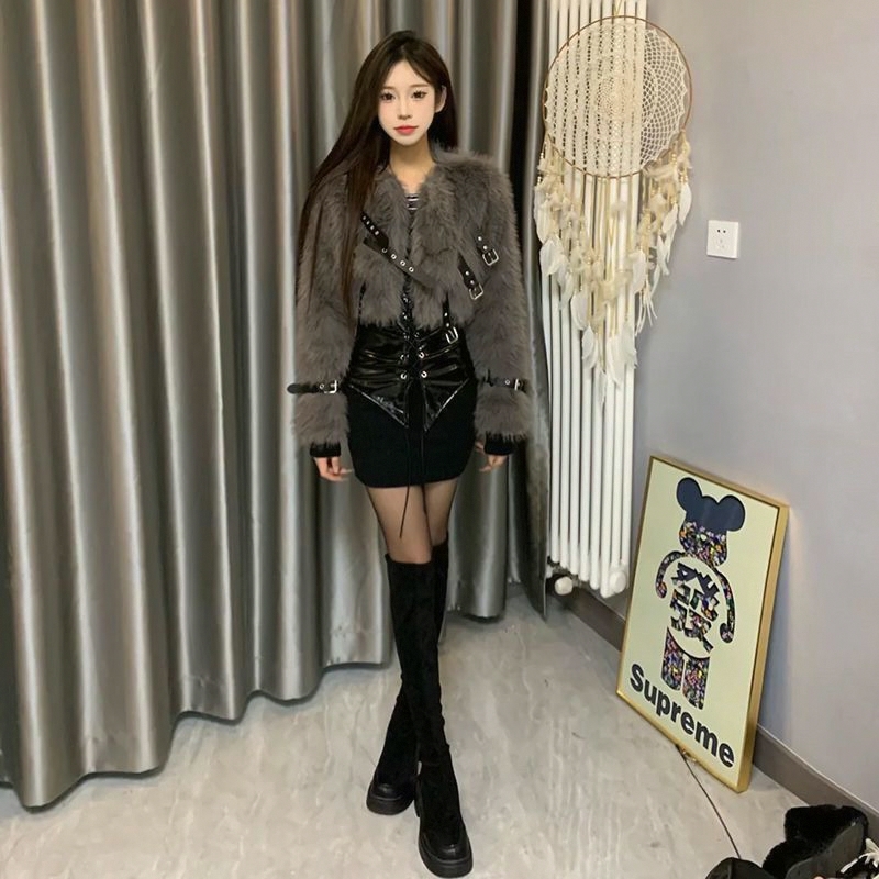 时尚百搭秋冬季辣妹毛毛皮扣短外套女+系带拼接连衣短裙女士套装