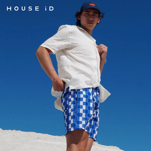 HOUSE iD 棋盘格沙滩裤泳裤短裤休闲宽松可下水五分裤健身运动
