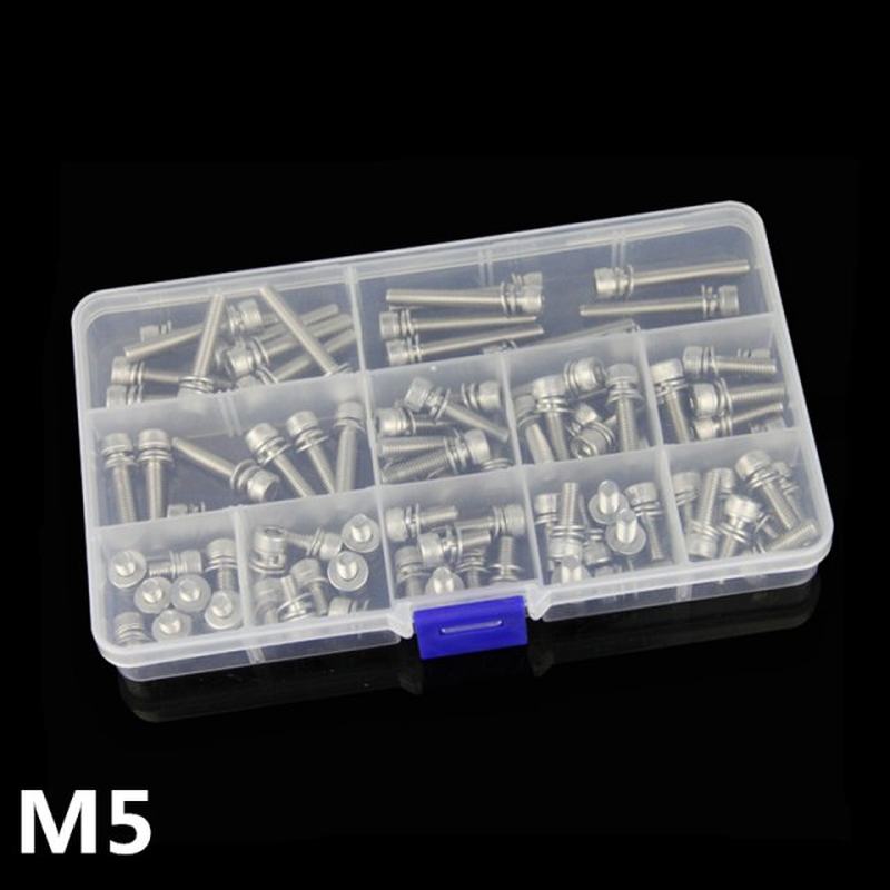 速发88pcs M5 Screw 304 Stainless Steel Hexagon Screw Bolt wi