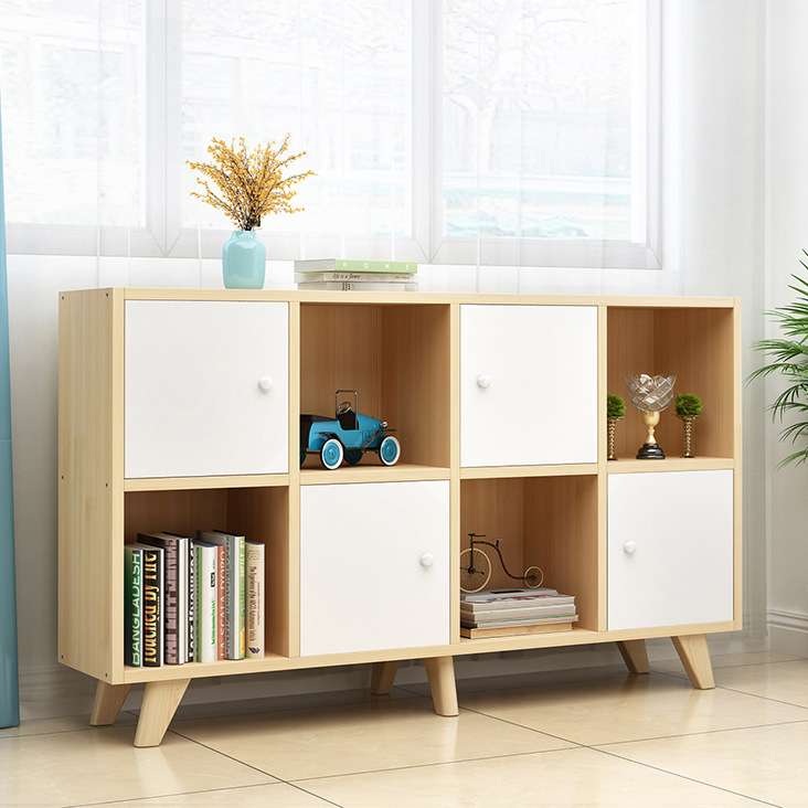 儿童实木书柜带门书架简易自由组合落地格子柜松木客厅收纳置物架