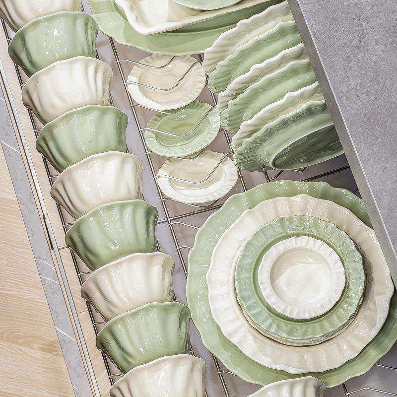 奶油风碗碟套装家用奶呼呼可爱花瓣碗具盘子乔迁碗碟整套组合餐具