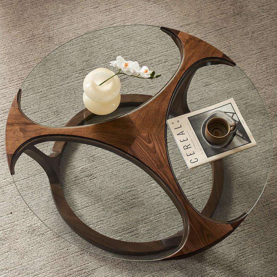 茶色玻璃圆形茶几北美黑胡桃木茶几现代简约矮桌客厅现代简约家具