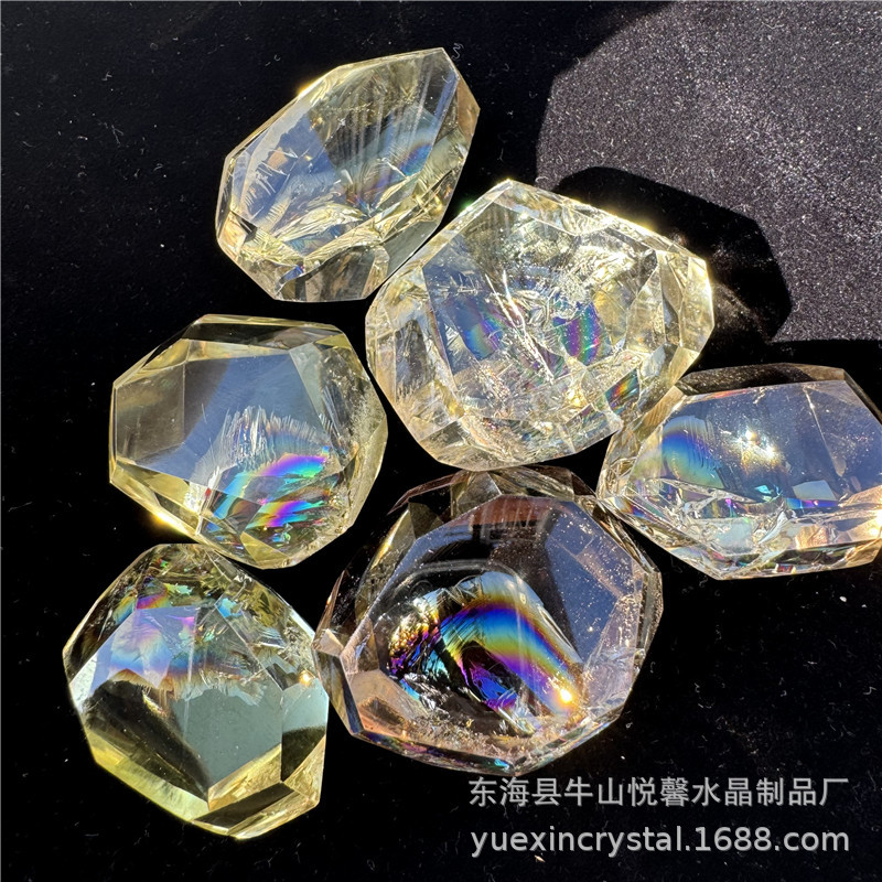 阿赛斯特莱梵天透体天然黄水晶随形彩虹晶石原石打磨家居客厅摆件