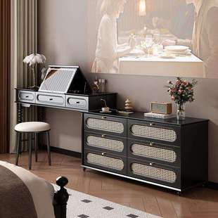 美式复古藤编化妆桌收纳柜一体斗柜伸缩卧室大容量梳妆台翻盖黑色