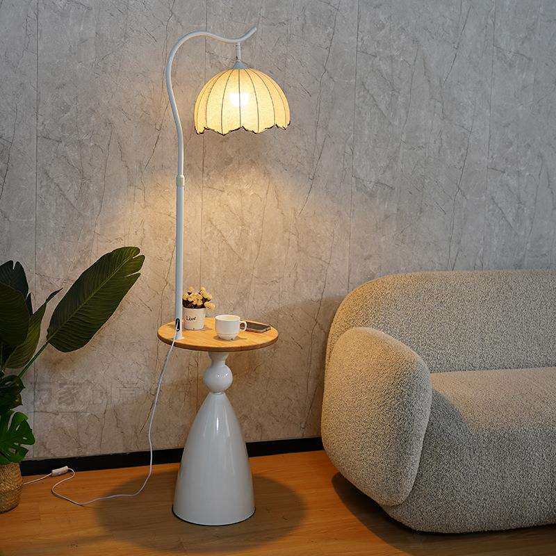 奶油风置物架一体落地灯客厅沙发旁边几摆件氛围灯卧室床头柜台灯