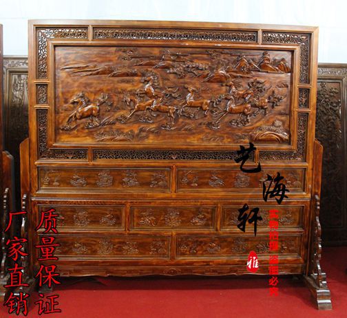 东阳木雕落地插屏玄关 中式仿古雕花八骏图屏风厂家直销