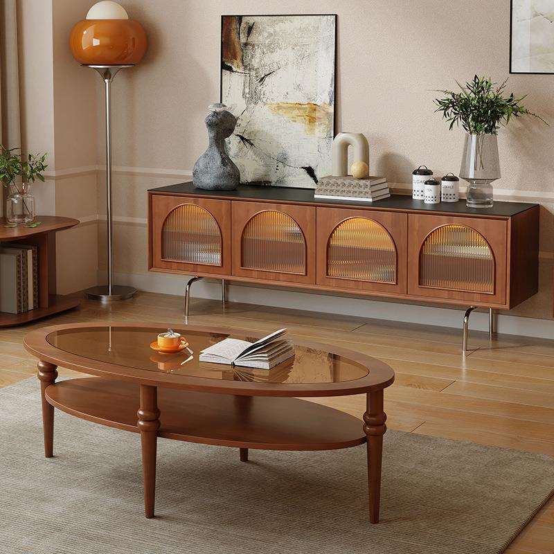 实木电视柜法式复古玻璃移门储物柜客厅中古黄杨木高脚家用地柜