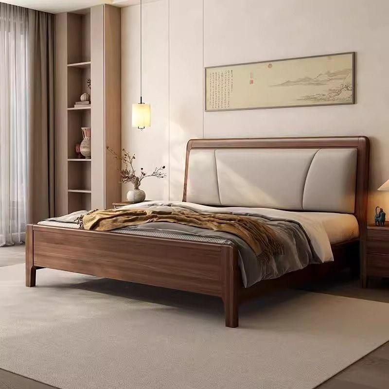 黑胡桃全实木床1米8双人大床主卧现代简约家用小户型床头软包靠背
