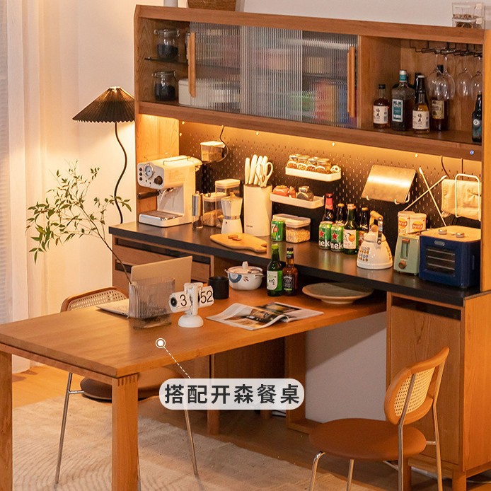 宙斯餐边柜多功能收纳柜哥本哈根樱桃实木岩板餐厅一体靠墙储物柜