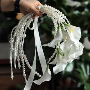 婚礼领证珍珠手捧花白色马蹄莲海芋仿真手拎花拍照高级摄影道具