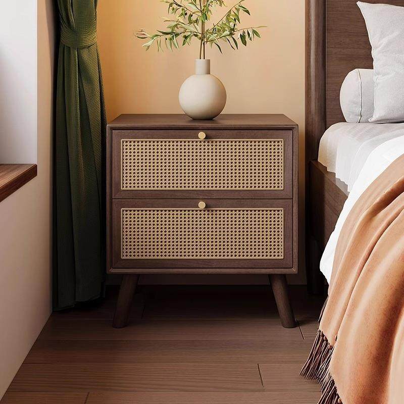 新中式实木床头柜藤编原木黑胡桃木色卧室床边收纳储物柜双抽,智能设备,其他智能设备,淘宝优惠券,粉丝福利购,淘宝优惠卷