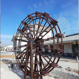 防腐木钢木户外大型景观水车碳化木脚踩龙骨景区实木电动大型水车