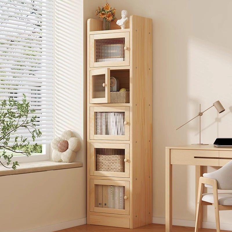 实木书架置物架落地学生书柜带柜门家用窄缝一体靠墙客厅书本收纳