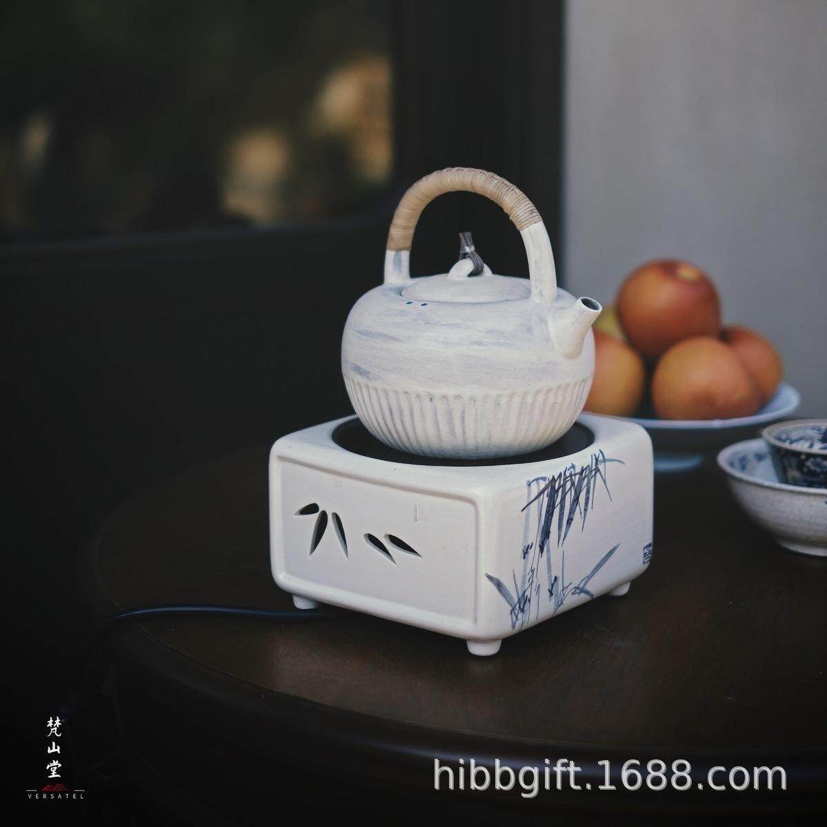 新品梵山堂陶壶粉引篆刻诗文玉容壶明火炭火两用壶手工提梁壶