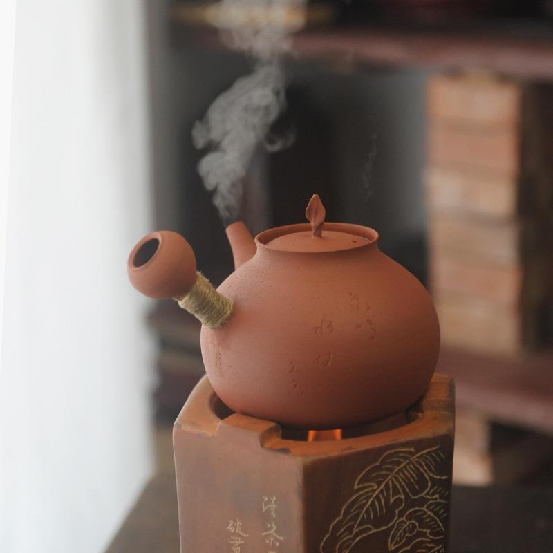EQ4F信堂鸣泉手刻诗文红泥砂铫侧把烧水陶壶急须煮茶壶炭炉电陶炉