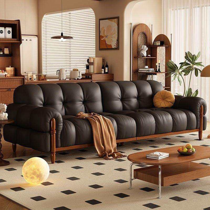 复古钢琴键布艺沙发新款奶油风小户型客厅真皮组合原木北欧风沙发