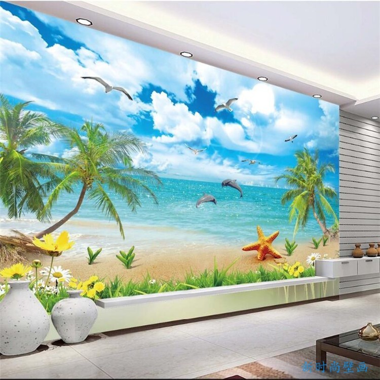 3d立体海景电视背景墙壁纸延伸空间大海风景装饰墙布酒店宾馆壁画图片