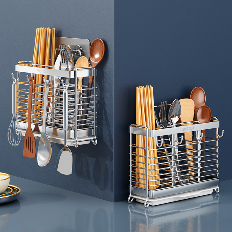 304不锈钢筷子笼壁挂式免打孔放勺子筷子筒置物架家用筷子收