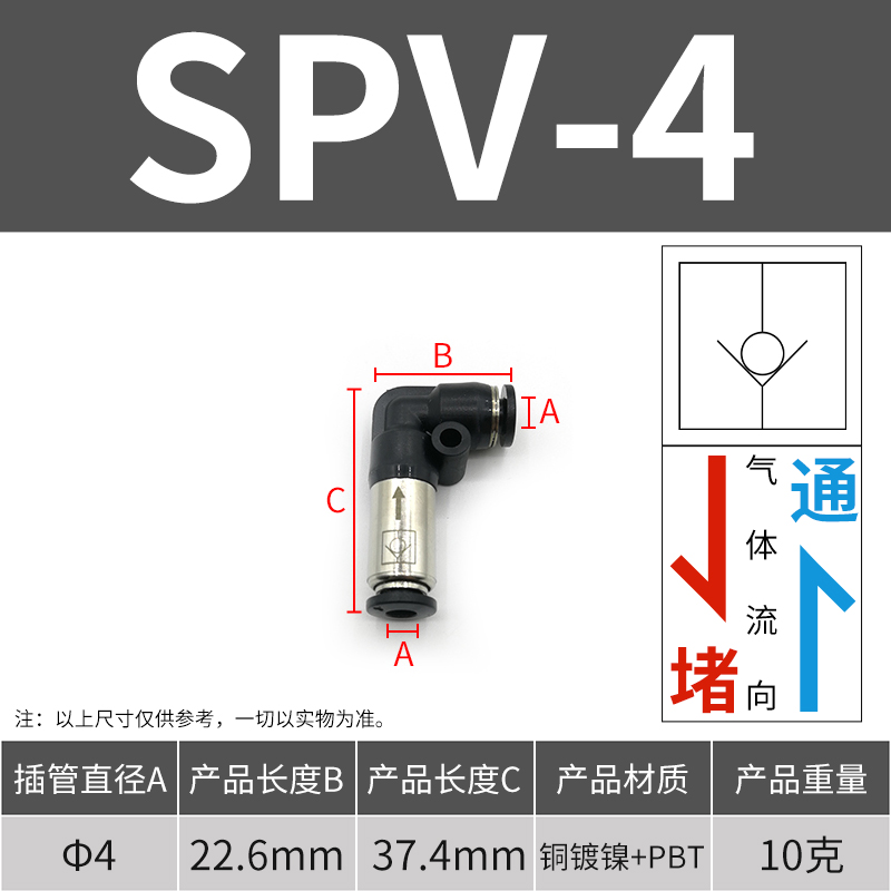 气动快速插气管直通单向止回阀逆止阀接头SPU/SPV-04/6/8/10/12mm