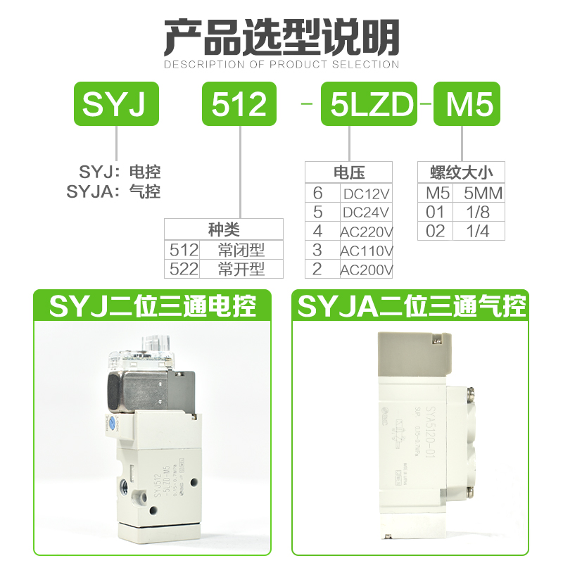 SMC气动电磁阀SYJ512/522/712/722-3/4/6/5LZD/GZD/MZD/DZD-M5/01