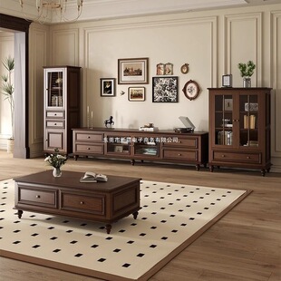 洛根美式复古实木电视柜卧室客厅家用中古风感轻奢黑色落地柜