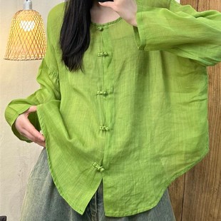 遮肉上料小衫 纯色大码 麻衣 禅意盘扣棉麻防晒夏薄款 速发中式