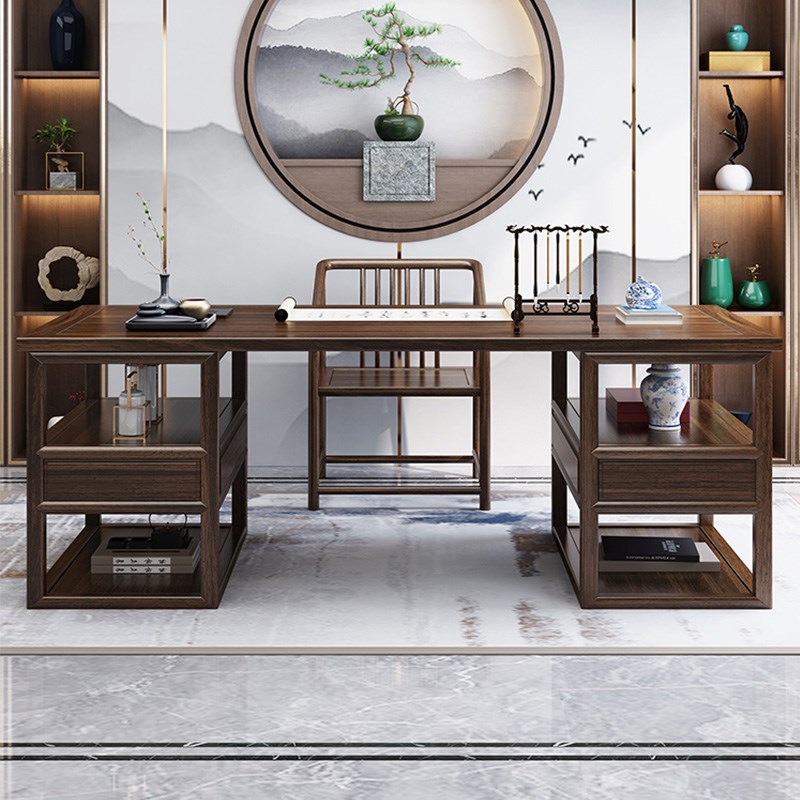 速发具府新中式实木书桌组合简约书家画案书柜博古架房晨乌金木色