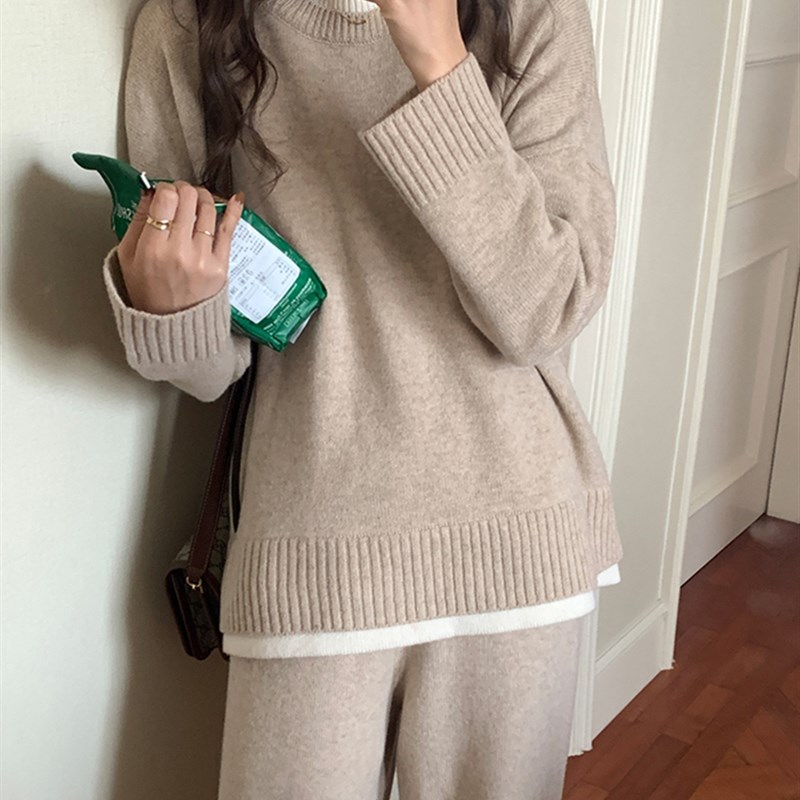 速发慵懒风假两件燕麦色毛衣2风衫4温柔0内搭圆领针织2上衣