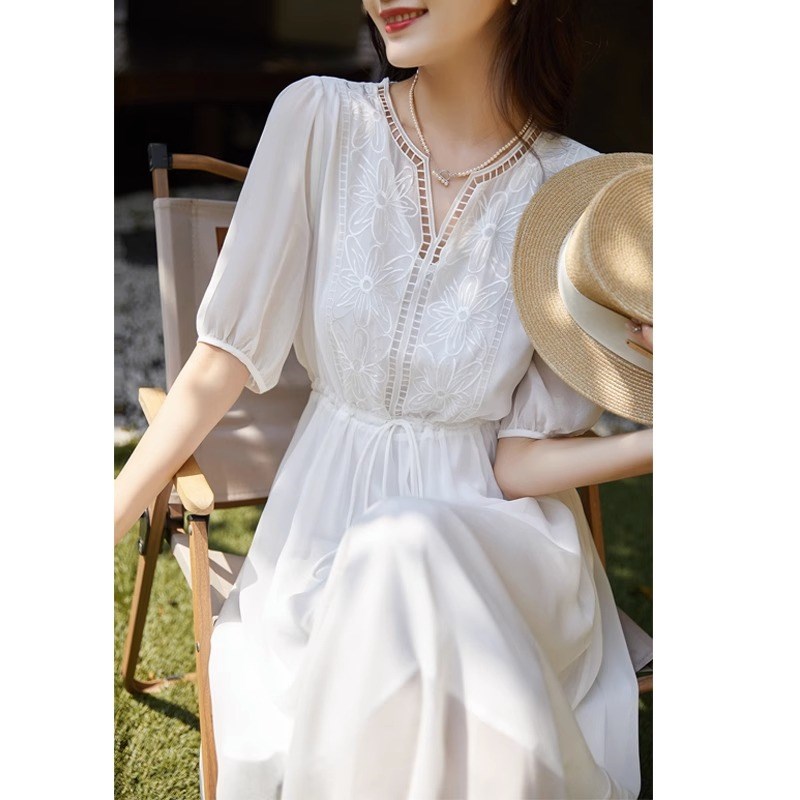 速发奢色绣气飘逸高端真丝乔其纱连衣裙白华气质新款洋花裙子