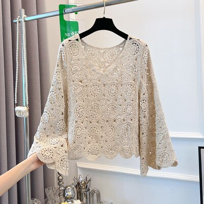 速发欧货针织衫领空长袖T恤早秋大码设计感罩搭薄款外衫V镂上衣