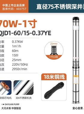 大元不锈钢深井泵75QJD家用1寸220V农用高扬程抽水泵小井潜水泵