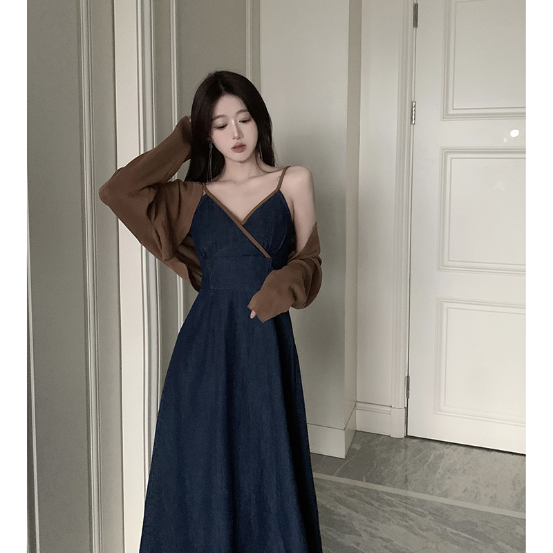 速发大码连胖法式吊微牛仔裙带衣裙气质收腰遮肚套装裙子