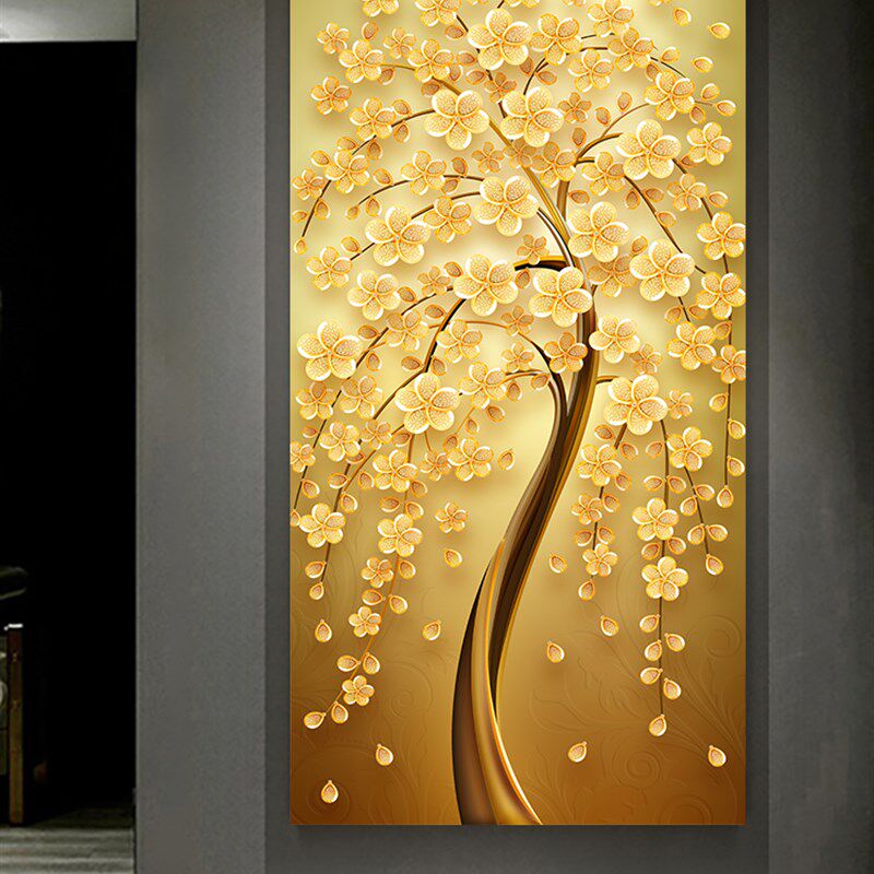 速发入户玄关装饰画招财客厅墙贴廊自粘过道壁画走画贴画发财树鹿