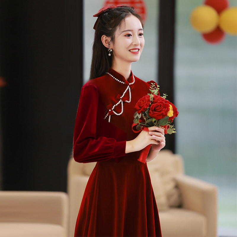 速发丝冬旗袍敬酒服新娘酒红色新中式结婚订婚秋服裙连衣裙回门礼