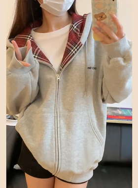 速发美式复古灰色连帽短款卫衣春2024新懒子个小慵款风开衫外套